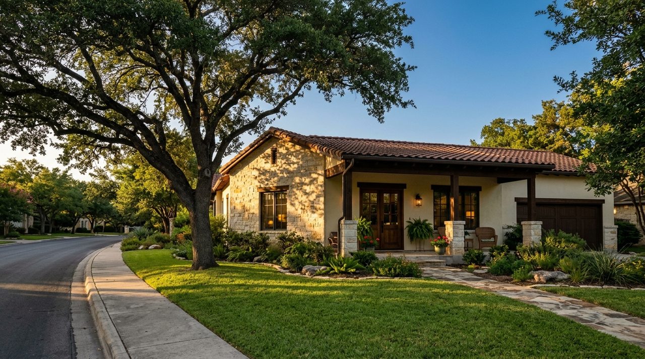 Casa de una planta con fachada de piedra caliza y techo de teja en un vecindario de San Antonio, Texas